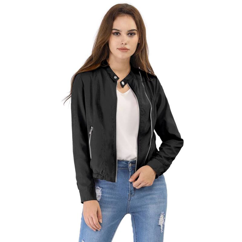 アレグラ ケー レディース アウター ジャケット・ブルゾン ALLEGRA K Women's Lightweight Stand Collar Zip up Biker Moto Jacket Black ブラック