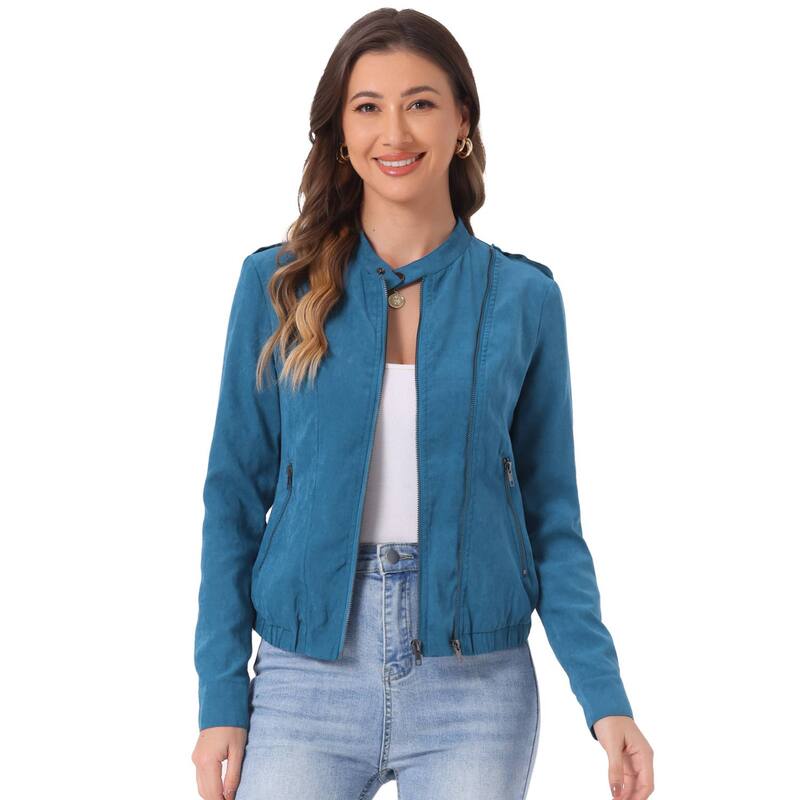 アレグラ ケー レディース アウター 上衣・上衣 ALLEGRA K Women\u0027s Lightweight Stand Collar Zip up Biker Moto Jacket Peacock Blue 青色 コート・ジャケット-レディースファッション