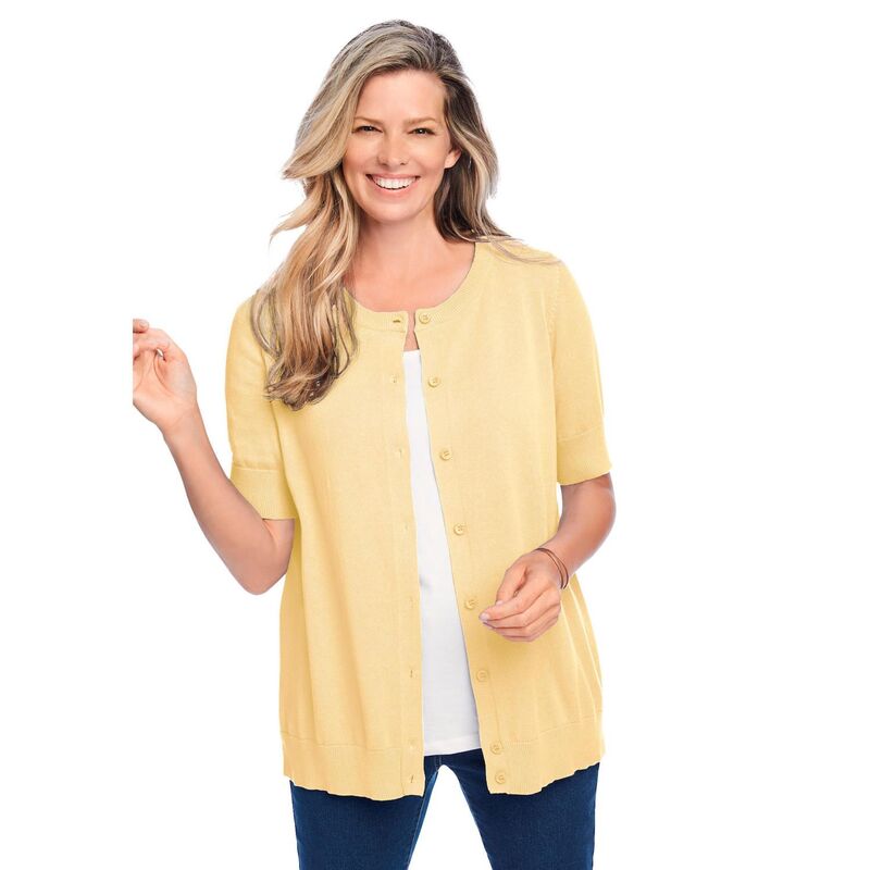 ウーマン ウィズイン レディース アウター ニット・セーター プラスサイズ カーディガン Woman Within Plusize Perfect Elbow-Length Sleeve Cardigan Sweater Banana｜ReVida 店