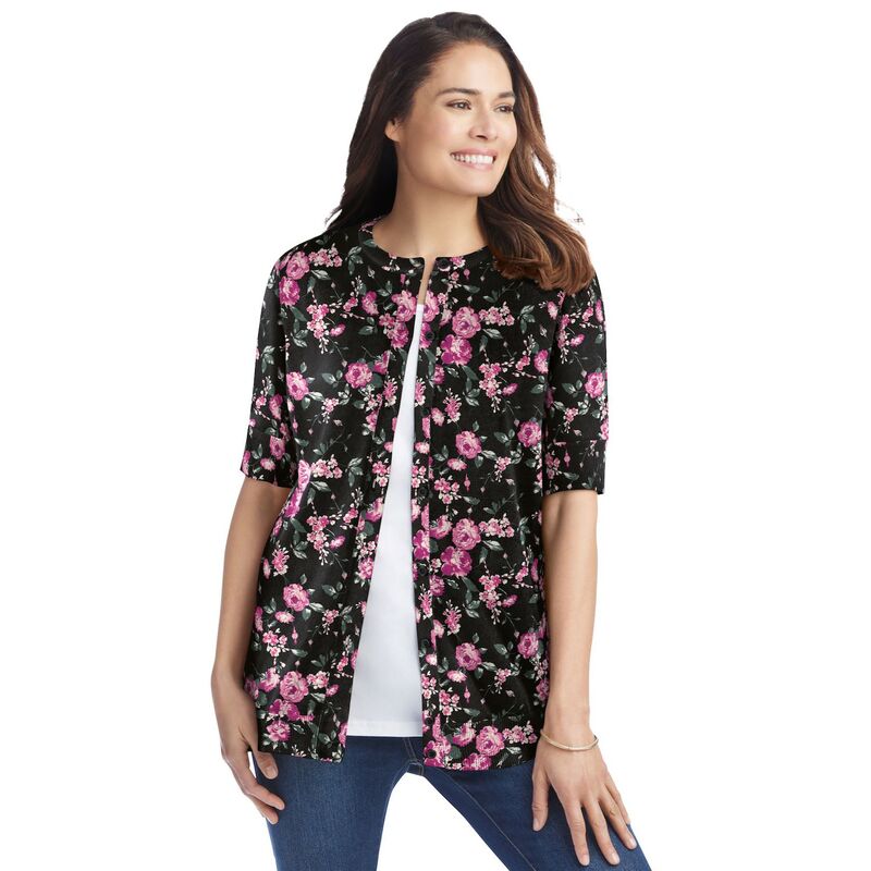 ウーマン ウィズイン レディース アウター ニット・セーター プラスサイズ カーディガン Woman Within Plusize Perfect Elbow-Length Sleeve Cardigan Sweater Black Floral ブラック