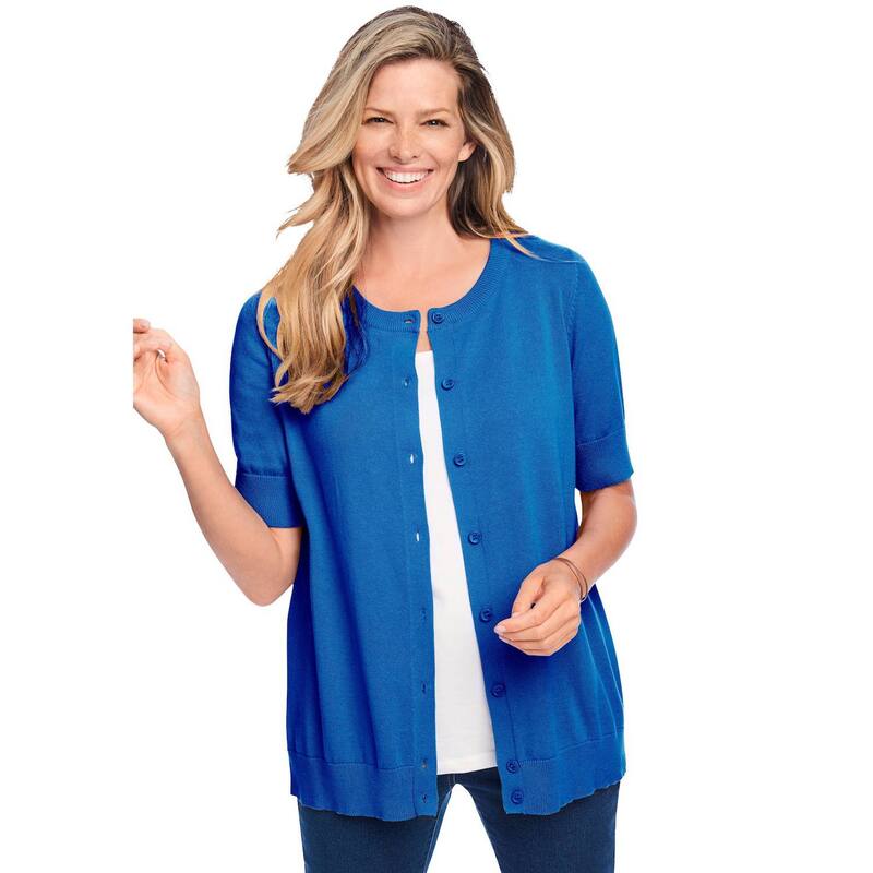 ウーマン ウィズイン レディース アウター ニット・セーター プラスサイズ カーディガン Woman Within Plusize Perfect Elbow-Length Sleeve Cardigan Sweater Bright Cobalt コバルト|ReVida 店