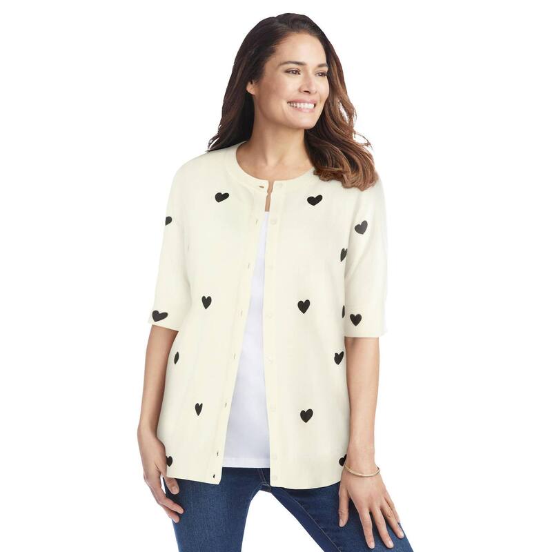 ウーマン ウィズイン レディース アウター ニット・セーター プラスサイズ カーディガン Woman Within Plusize Perfect Elbow-Length Sleeve Cardigan Sweater Ivory Black Heart アイボリー