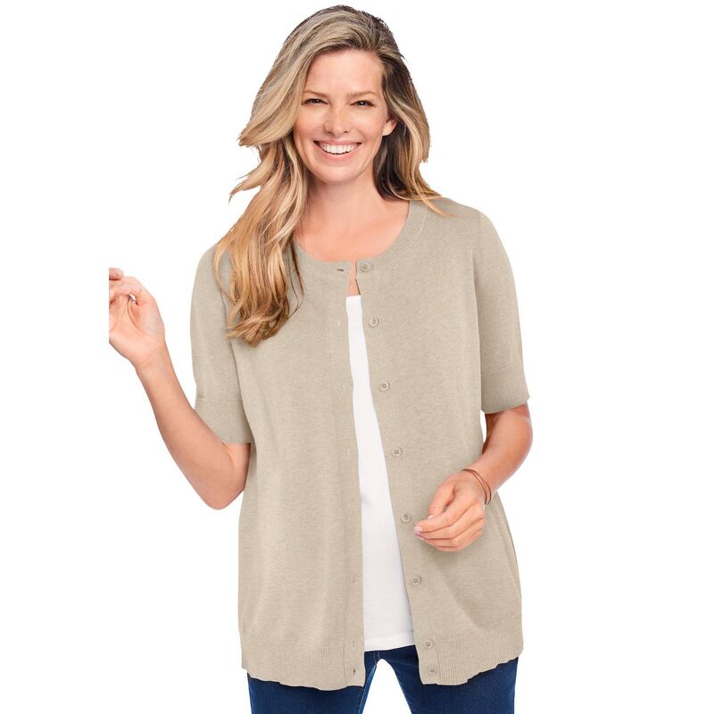 ウーマン ウィズイン レディース アウター ニット・セーター プラスサイズ カーディガン Woman Within Plusize Perfect Elbow-Length Sleeve Cardigan Sweater Natural Khaki カーキ