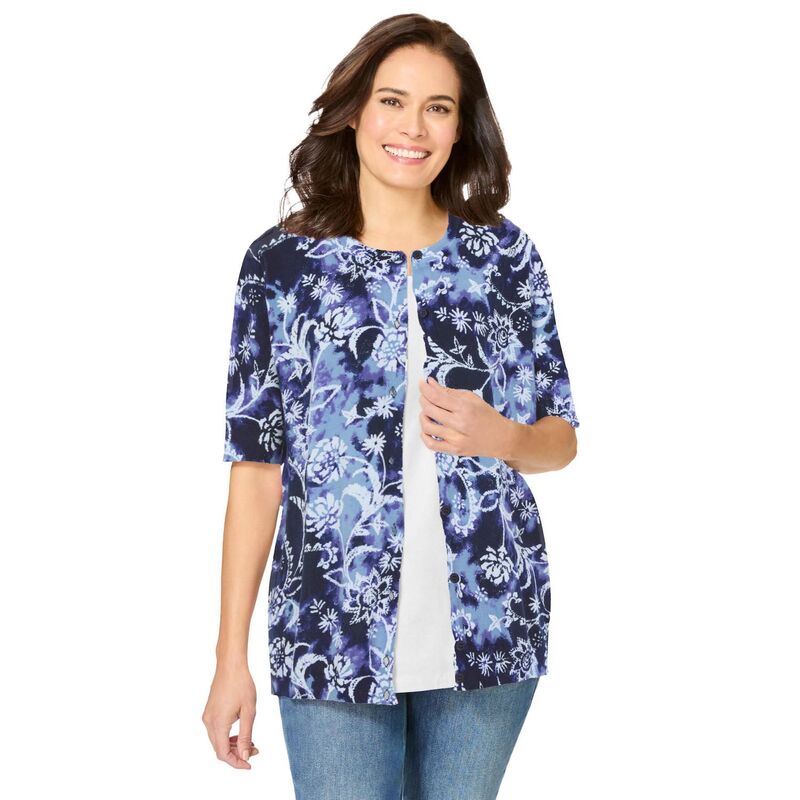 ウーマン ウィズイン レディース アウター ニット・セーター プラスサイズ カーディガン Woman Within Plusize Perfect Elbow-Length Sleeve Cardigan Sweater Navy Floral Tie Dye ネイビー