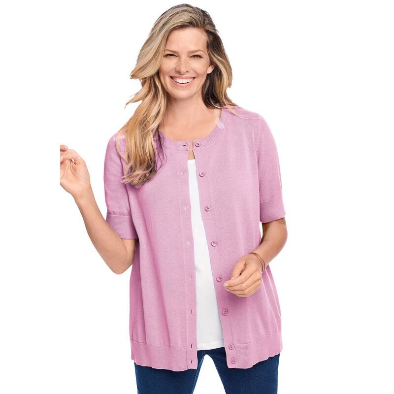 ウーマン ウィズイン レディース アウター ニット・セーター プラスサイズ カーディガン Woman Within Plusize Perfect Elbow-Length Sleeve Cardigan Sweater Pink ピンク｜ReVida 店
