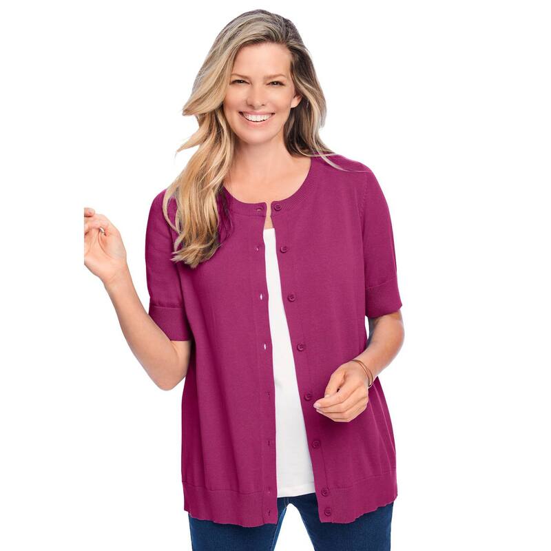 ウーマン ウィズイン レディース アウター ニット・セーター プラスサイズ カーディガン Woman Within Plusize Perfect Elbow-Length Sleeve Cardigan Sweateraspberry|ReVida 店