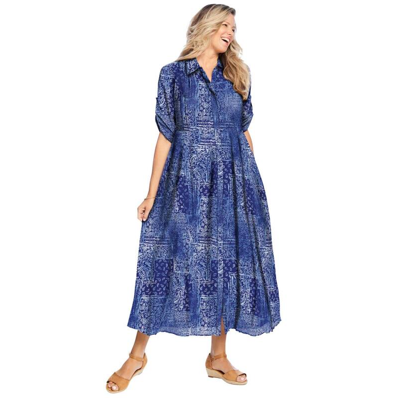 ウーマン ウィズイン レディース トップス ワンピース プラスサイズ シャツ Woman Within Plusize Roll-Tab Sleeve Crinkle Shirtdress Navy Patchwork ネイビー