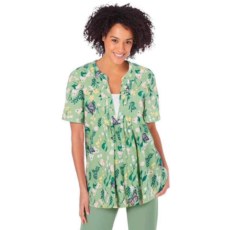 ウーマン ウィズイン レディース トップス Tシャツ プラスサイズ Woman Within Plusize 7-Day Layer-Look Elbow-Sleeve Tee Sage Multi Butterflies セージ|ReVida 店