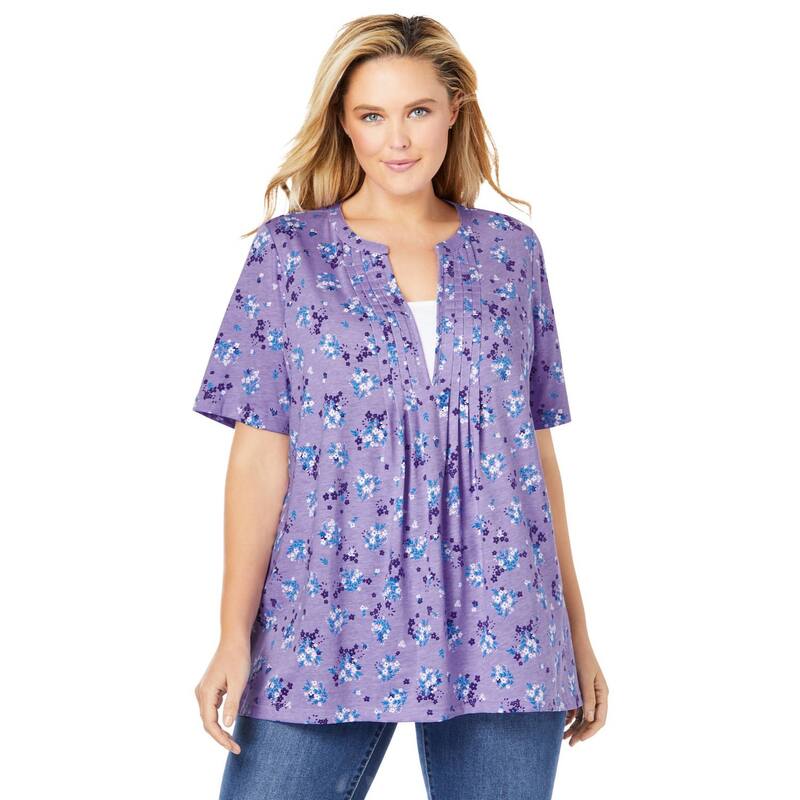 ウーマン ウィズイン レディース トップス Tシャツ プラスサイズ Woman Within Plusize 7-Day Layer-Look Elbow-Sleeve Tee Soft Iris Ditsy|ReVida 店