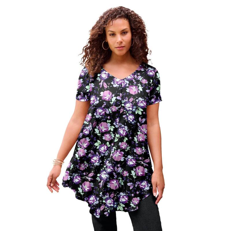 ロアマンズ レディース トップス Tシャツ Vネック ドレープラスサイズ Roaman's Women's Plusize Ultra Drape V-Neck Swing Tunic Topurple Falling Floral パープル