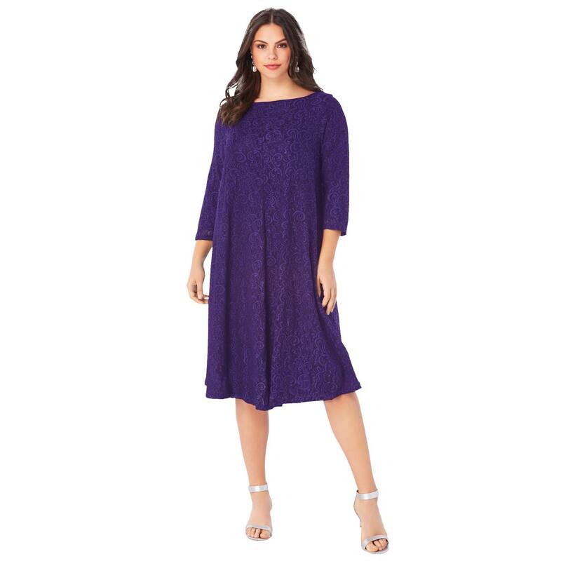 ロアマンズ レディース トップス ワンピース プラスサイズ レース Roaman's Women's Plusize Plus-Size 3/4 Sleeve Boatneck Lace Swing Dress Midnight Violet バイオレット