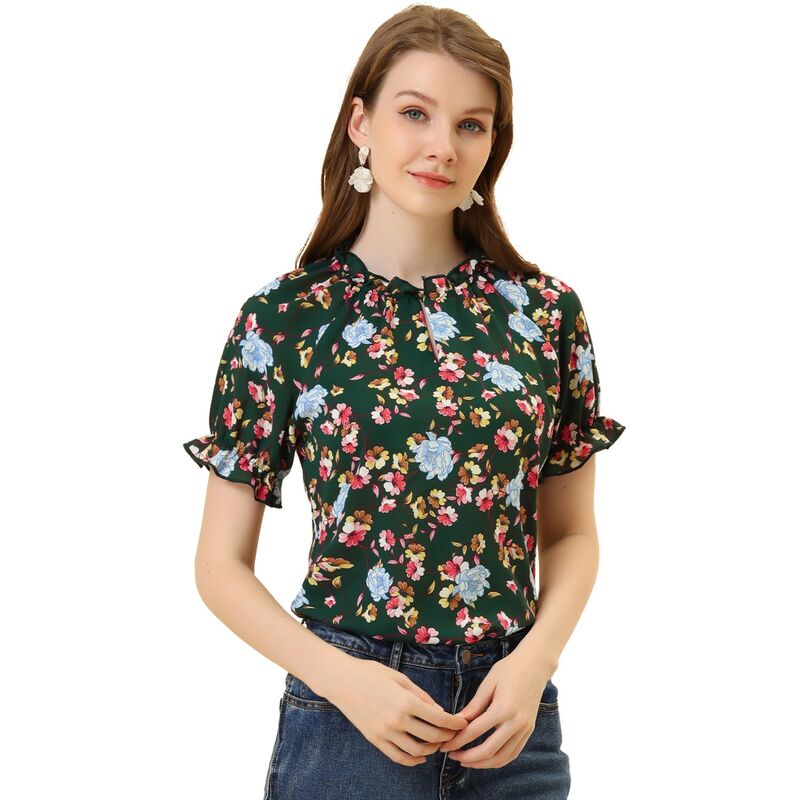 アレグラ ケー レディース トップス シャツ フラワー柄 フリル ブラウス フラワー ALLEGRA K Women's Floral Ruffled Short Sleeve Ruffle Neck Casual Blouses Dark Green グリーン