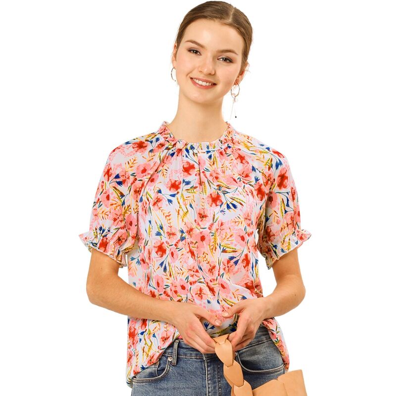 アレグラ ケー レディース トップス シャツ フラワー柄 フリル ブラウス フラワー ALLEGRA K Women's Floral Ruffled Short Sleeve Ruffle Neck Casual Blouses White ホワイト