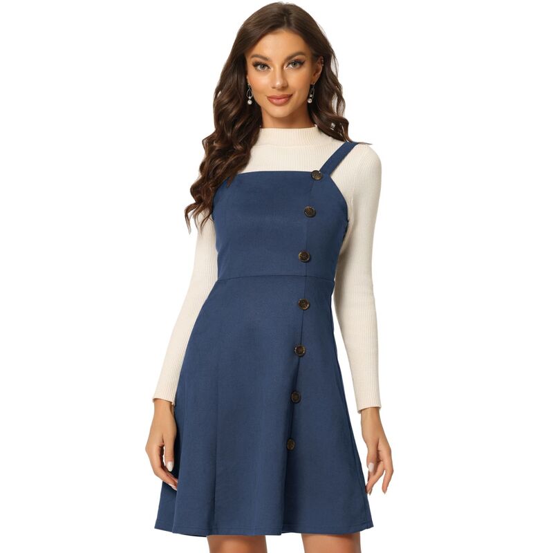 アレグラ ケー レディース トップス ワンピース A ライン ミニ オーバーオール スエード ALLEGRA K Women's Faux Suede Button Decor A-Line Mini Overall Dress Dark Blue ブルー