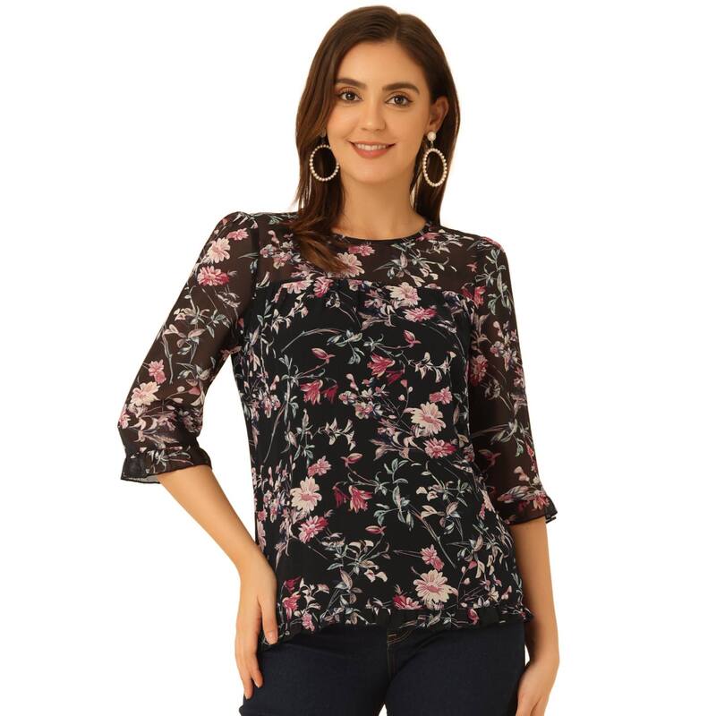 アレグラ ケー レディース トップス シャツ シフォン フラワー柄 プリント フリル ブラウス フラワー ALLEGRA K Women's Casual Ruffle 3/4 Sleeve Floral Print Chiffon Blouse Black Pink ブラック