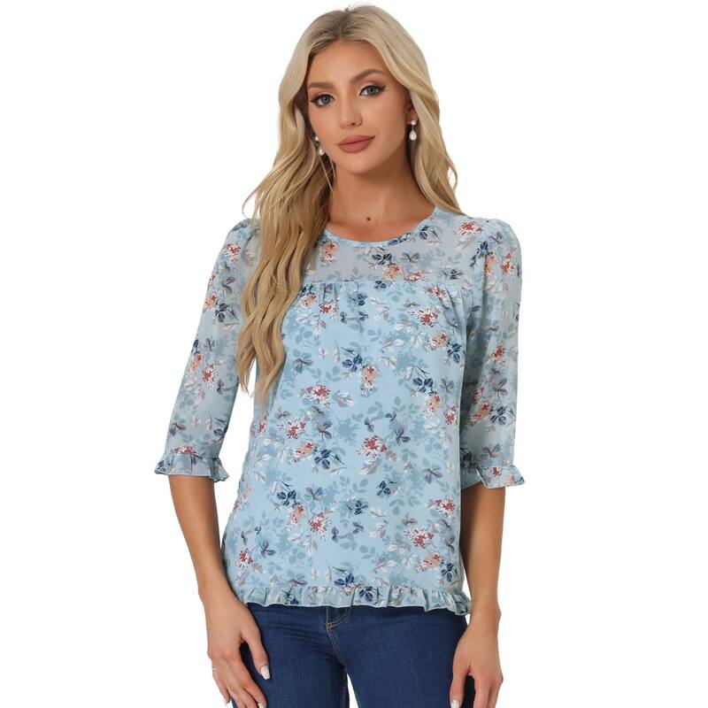 アレグラ ケー レディース トップス シャツ シフォン フラワー柄 プリント フリル ブラウス フラワー ALLEGRA K Women's Casual Ruffle 3/4 Sleeve Floral Print Chiffon Blouse Blue White ホワイト|ReVida 店