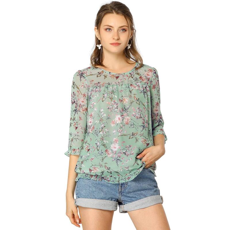 アレグラ ケー レディース トップス シャツ シフォン フラワー柄 プリント フリル ブラウス フラワー ALLEGRA K Women's Casual Ruffle 3/4 Sleeve Floral Print Chiffon Blouse Green グリーン 9,840円