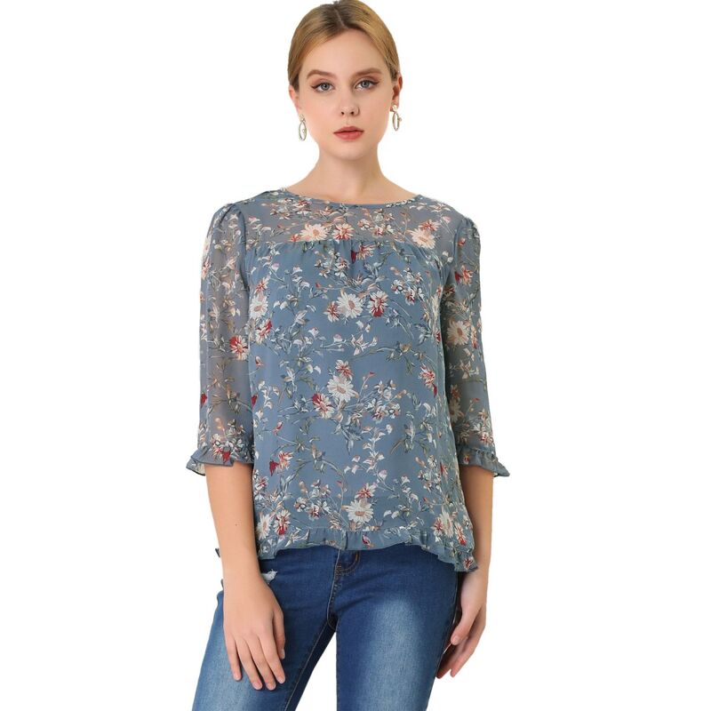 アレグラ ケー レディース トップス シャツ シフォン フラワー柄 プリント フリル ブラウス フラワー ALLEGRA K Women's Casual Ruffle 3/4 Sleeve Floral Print Chiffon Blouse Grey Blue グレー｜ReVida 店