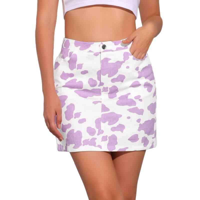 アレグラ ケー レディース ボトムスカート ハイウエスト プリント ミニ ALLEGRA K Women's Cow Print Casual Elastic Back High Waist Mini Short Skirt Purple パープル