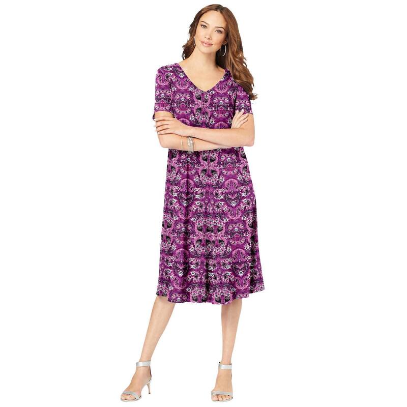 ロアマンズ レディース トップス ワンピース プラスサイズ Roaman's Women's Plusize Short Sleeve Swing Dress Berry Mirror Paisley