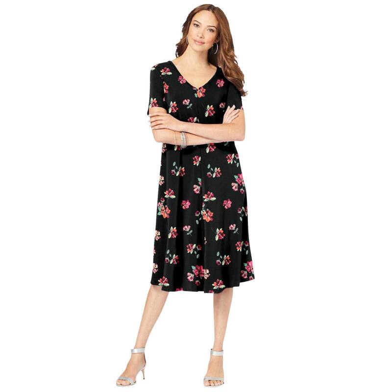 ロアマンズ レディース トップス ワンピース プラスサイズ Roaman's Women's Plusize Short Sleeve Swing Dress Black Brushed Flowers ブラック|ReVida 店