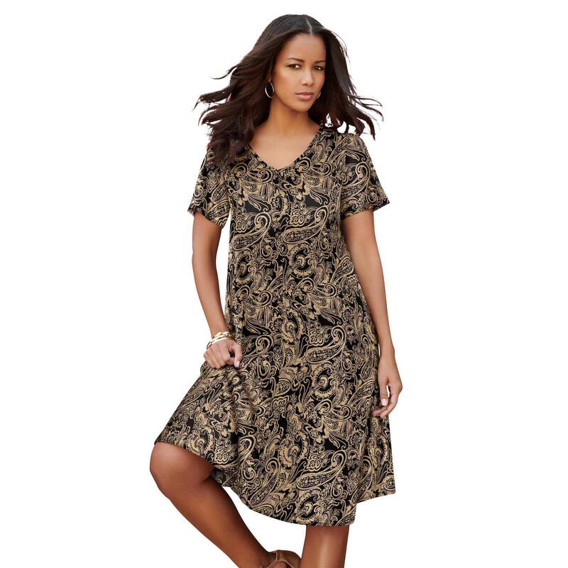 ロアマンズ レディース トップス ワンピース プラスサイズ Roaman's Women's Plusize Short Sleeve Swing Dress Brown Sugar Paisley ブラウン
