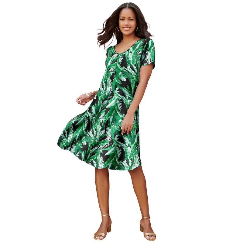 ロアマンズ レディース トップス ワンピース プラスサイズ Roaman's Women's Plusize Short Sleeve Swing Dress Green Palm Leaves グリーン