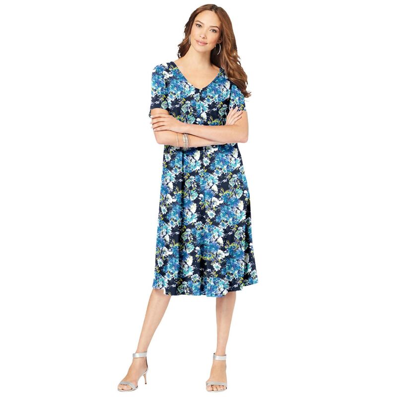 ロアマンズ レディース トップス ワンピース プラスサイズ Roaman's Women's Plusize Short Sleeve Swing Dress Navy Watercolor ネイビー