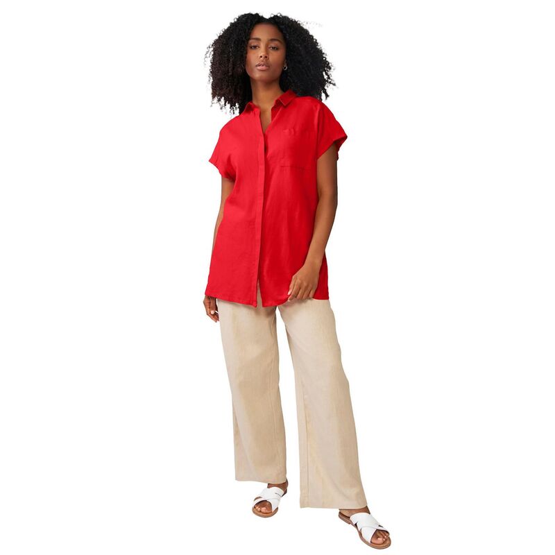 Ellos レディース トップス ティーシャツ 付け加える大いさ リネン ellos Plusize Linen-Blend Button Frontunic Hot Red 赤いこと Tシャツ・カットソー-トップス