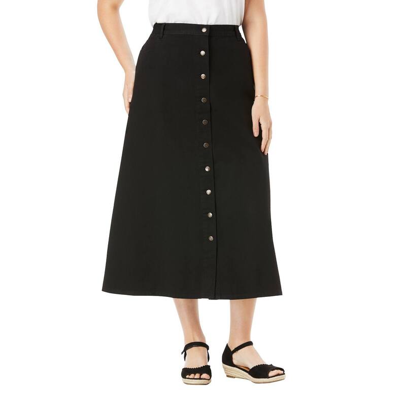 ウーマン ウィズイン レディース ボトムスカート プラスサイズ プチ コットン デニム ジーンズ Woman Within Plusize Petite Perfect Side-Elastic All-Cotton Button Front Denim Jeanskirt Black ブラック