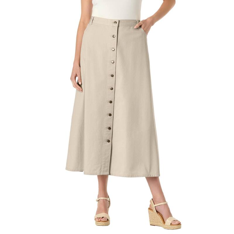ウーマン ウィズイン レディース ボトムスカート プラスサイズ プチ コットン デニム ジーンズ Woman Within Plusize Petite Perfect Side-Elastic All-Cotton Button Front Denim Jeanskirt Natural Khaki カーキ｜ReVida 店
