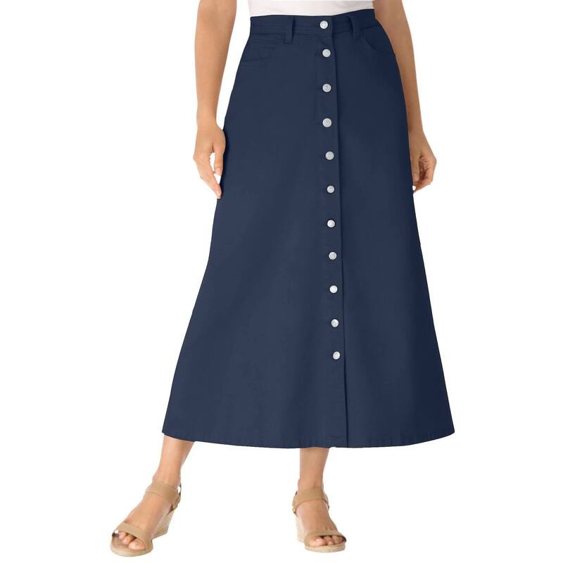 ウーマン ウィズイン レディース ボトムスカート プラスサイズ プチ コットン デニム ジーンズ Woman Within Plusize Petite Perfect Side-Elastic All-Cotton Button Front Denim Jeanskirt Navy ネイビー