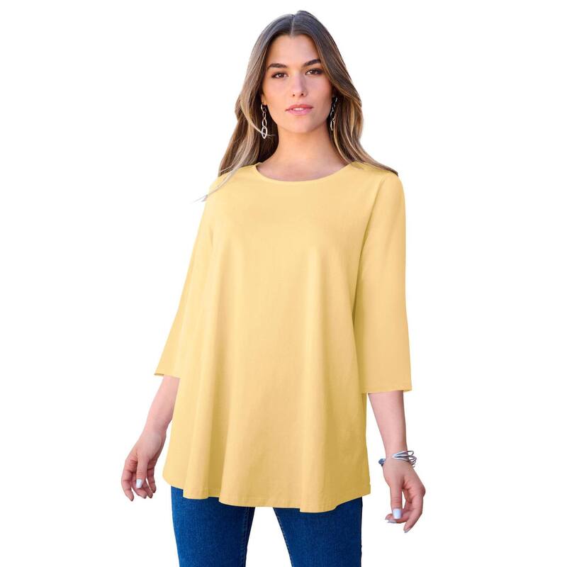 ロアマンズ レディース トップス Tシャツ プラスサイズ Roaman's Women's Plusize Ultimate Three Quarter Sleeve Swing Tee Banana|ReVida 店