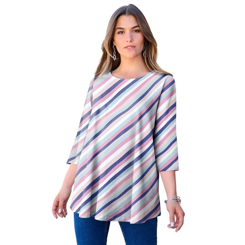 ロアマンズ レディース トップス Tシャツ プラスサイズ Roaman's Women's Plusize Ultimate Three Quarter Sleeve Swing Tee Pink Biastripe ピンク|ReVida 店