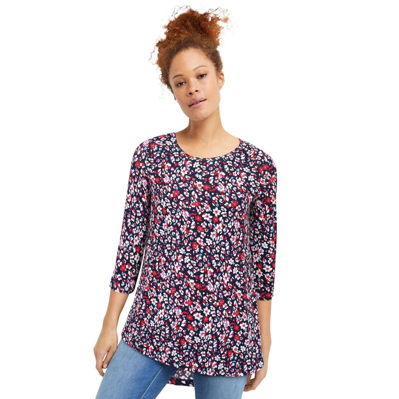 Ellos レディース トップス ティーシャツ つけ加える大いさ 編み物 ellos Plusize Stretch Knit Scoop Neck 3/4 Sleeve Curved Hem Tunic Navy Reditsy Floral 米国海軍 トップス-レディースファッション-Tシャツ・カットソー