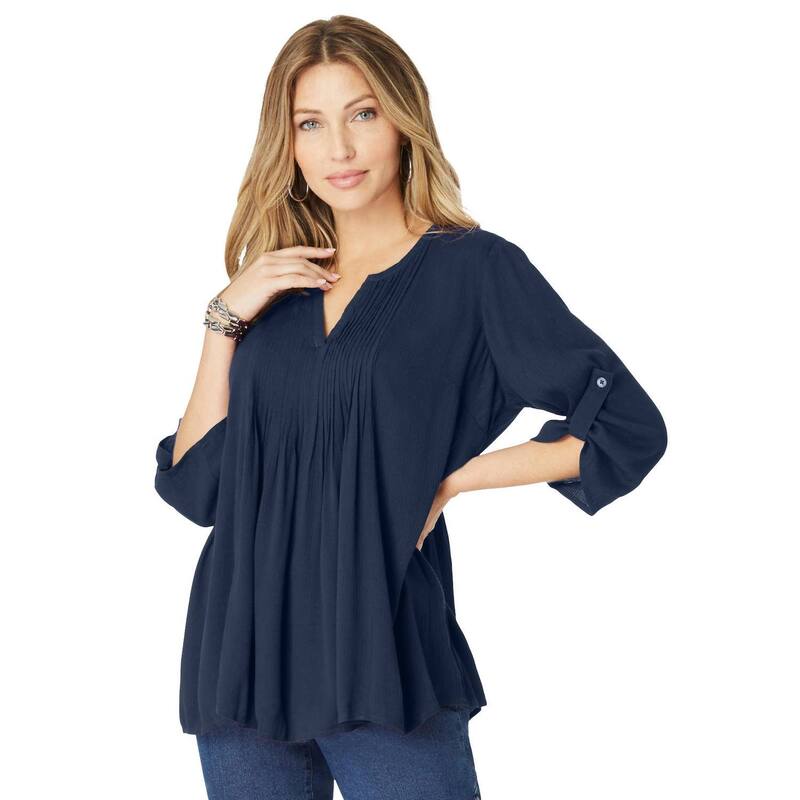 ロアマンズ レディース トップス シャツ プラスサイズ Roaman's Women's Plusize Hand Crinkled Tara Shirt Navy ネイビー