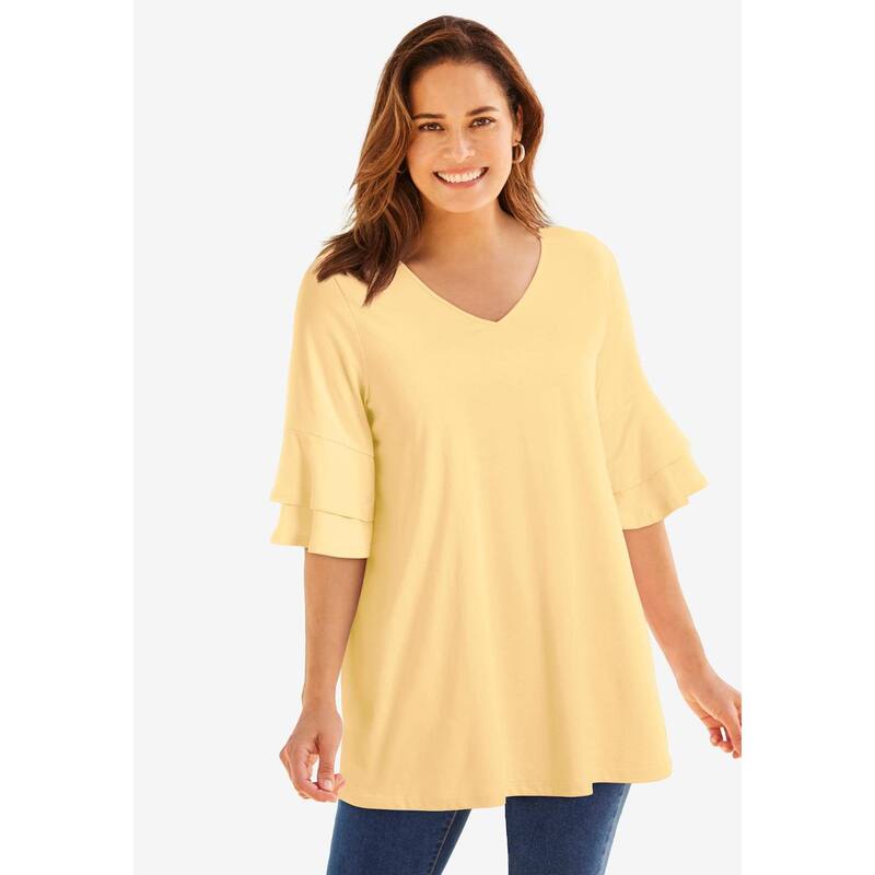 ウーマン ウィズイン レディース トップス Tシャツ プラスサイズ フリル Woman Within Plusize Ruffled Elbow-Sleeve Tunic Banana