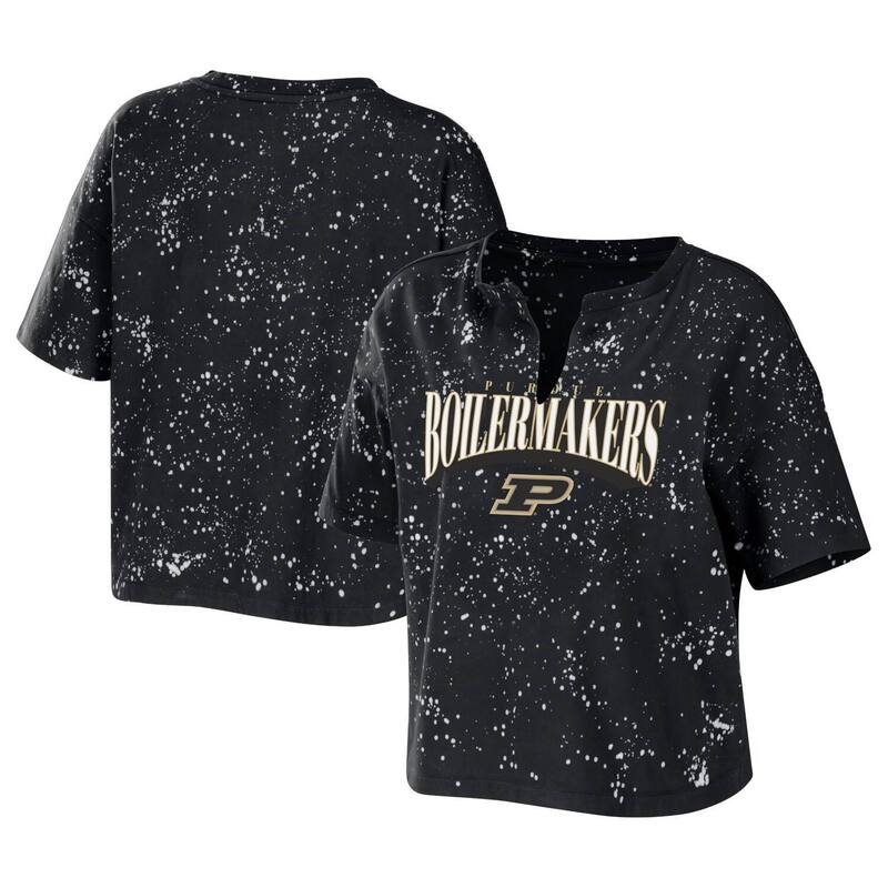 お召しもの バイ エリン アンド猥りがわしい レディース トップス ティーシャツ Women\u0027s WEAR by Erin Andrews Black Purdue Boilermakers Bleach Wash Splatter Notch Neck T-Shirt Prd Black 黒いこと Tシャツ・カットソー-レディースファッション-トップス