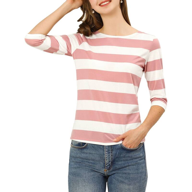 アレグラ ケー レディース トップス シャツ スリムフィット ALLEGRA K Women's Casual T-shirts Elbow Sleeveslim Fit Boat Neck Tops Pink White ホワイト|ReVida 店