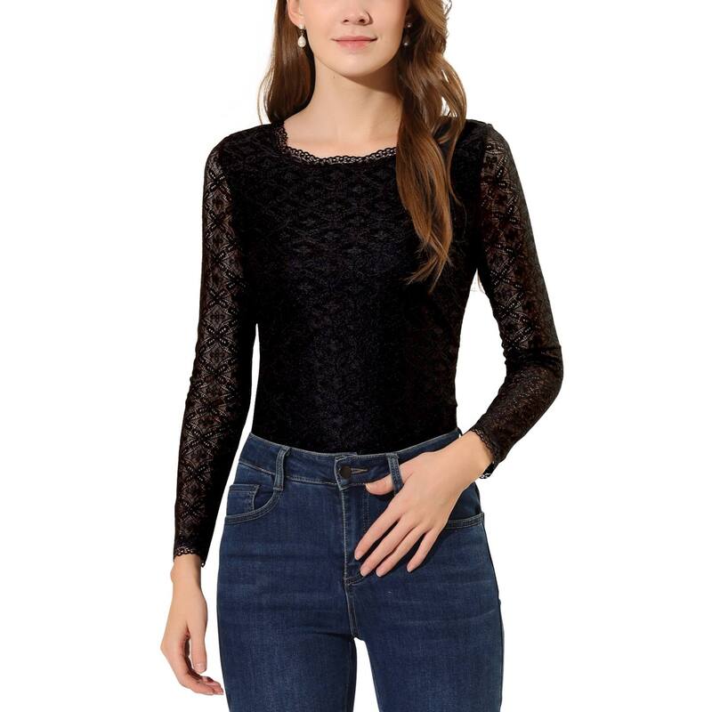 アレグラ ケー レディース トップス シャツ シアー ブラウス レース ALLEGRA K Women's Round Neck Long Sleevesheer Flower Embroidery Lace Blouse Black ブラック