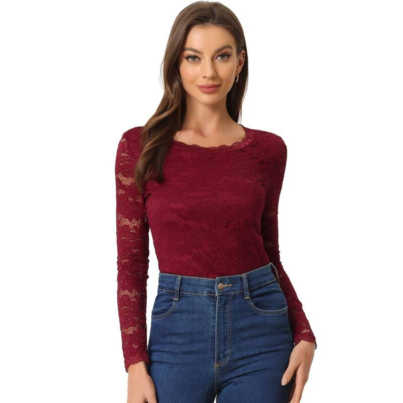 アレグラ ケー レディース トップス シャツ シアー ブラウス レース ALLEGRA K Women Round Neck Long Sleevesheer Flower Embroidery Lace Blouse Burgundy バーガンディ