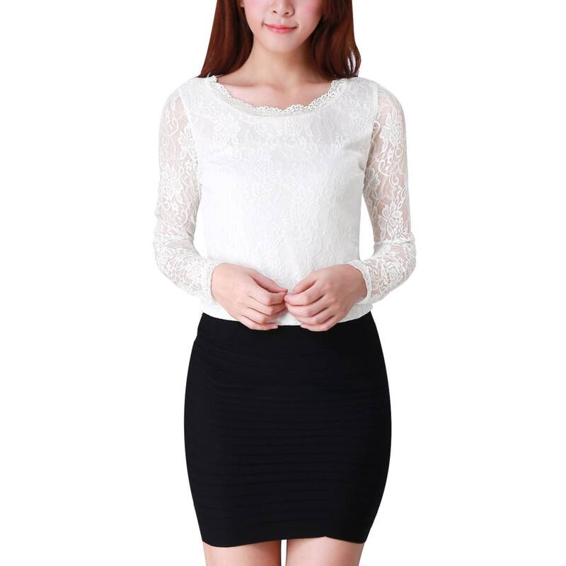 アレグラ ケー レディース トップス シャツ シアー ブラウス レース ALLEGRA K Women Round Neck Long Sleevesheer Flower Embroidery Lace Blouse White ホワイト