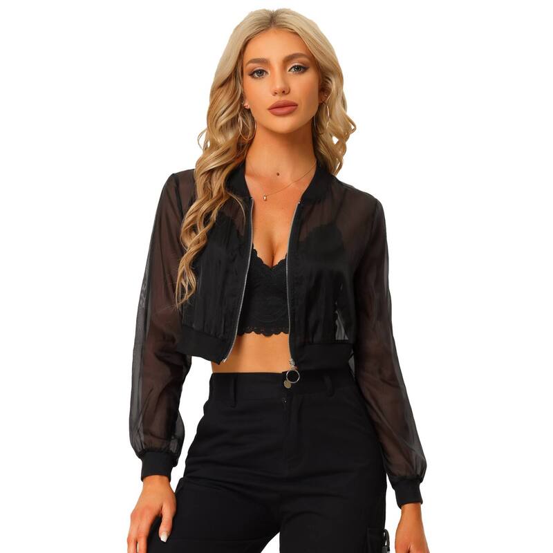 アレグラ ケー レディース アウター ジャケット・ブルゾン ALLEGRA K Crop Bomber Jacket For Women Casualightweight Zip Up Jackets Black ブラック
