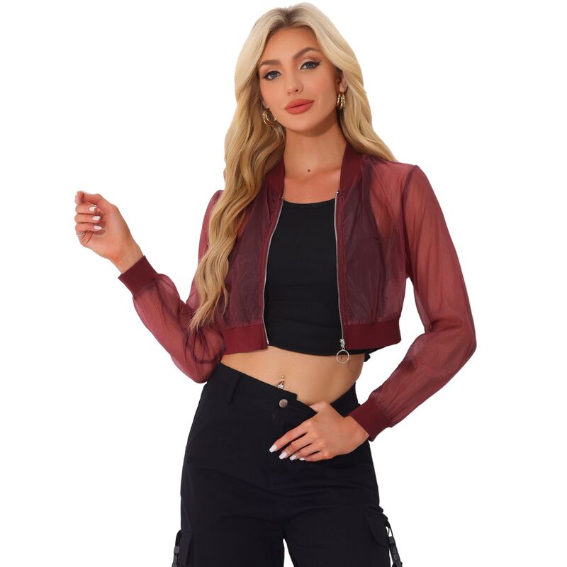 アレグラ ケー レディース アウター ジャケット・ブルゾン ALLEGRA K Crop Bomber Jacket For Women Casualightweight Zip Up Jackets Burgundy バーガンディ