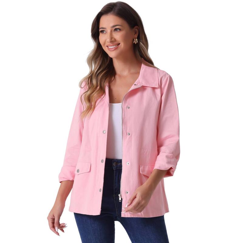 アレグラ ケー レディース アウター ジャケット・ブルゾン ダウン ALLEGRA K Women's Turndown Collar Long Sleeve Drawstring Flapocket Zipper Utility Jacket Pink ピンク｜ReVida 店