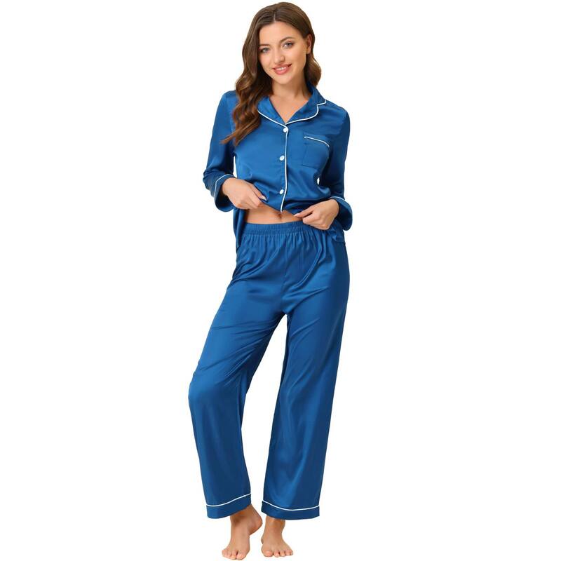 cheibear レディース アンダーウェア ナイトウェア パンツ サテン cheibear Women's Pajama Loungewear Long Sleeves Tops and Pantsatin Sets Blue ブルー