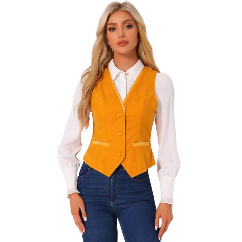 アレグラ ケー レディース アウター ジャケット・ブルゾン Vネック ベスト ベルベット ノースリーブ コート ALLEGRA K Retro Velvet Waistcoat for Women's V Neck Sleeveless Racerback Steampunk Vest Orange オレンジ｜ReVida 店