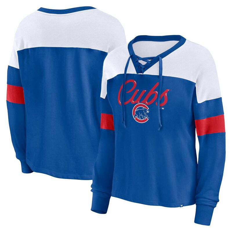 アンブランデッド レディース トップス プルオーバー Vのど首 スピード競技 Unbranded Women\u0027s Fanatics Branded Royal/White Chicago Cubs Even Match Lace-Up Long Sleeve V-Neck T-Shirt Cublue 青色