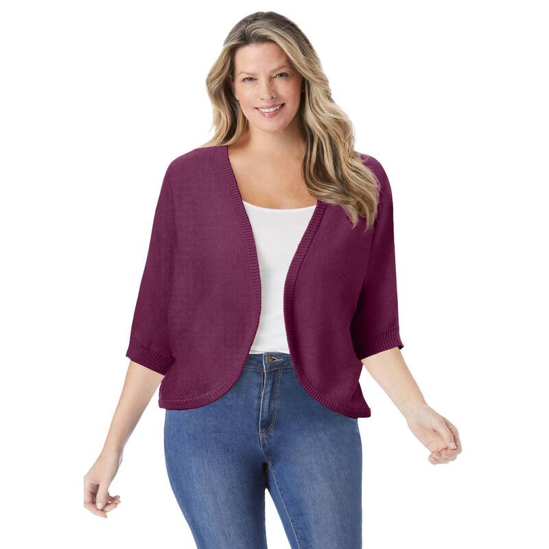 ウーマン ウィズイン レディース アウター ニット・セーター プラスサイズ カーディガン Woman Within Plusize Rib Trim Cardigan Shrug Sweater Deep Claret|ReVida 店