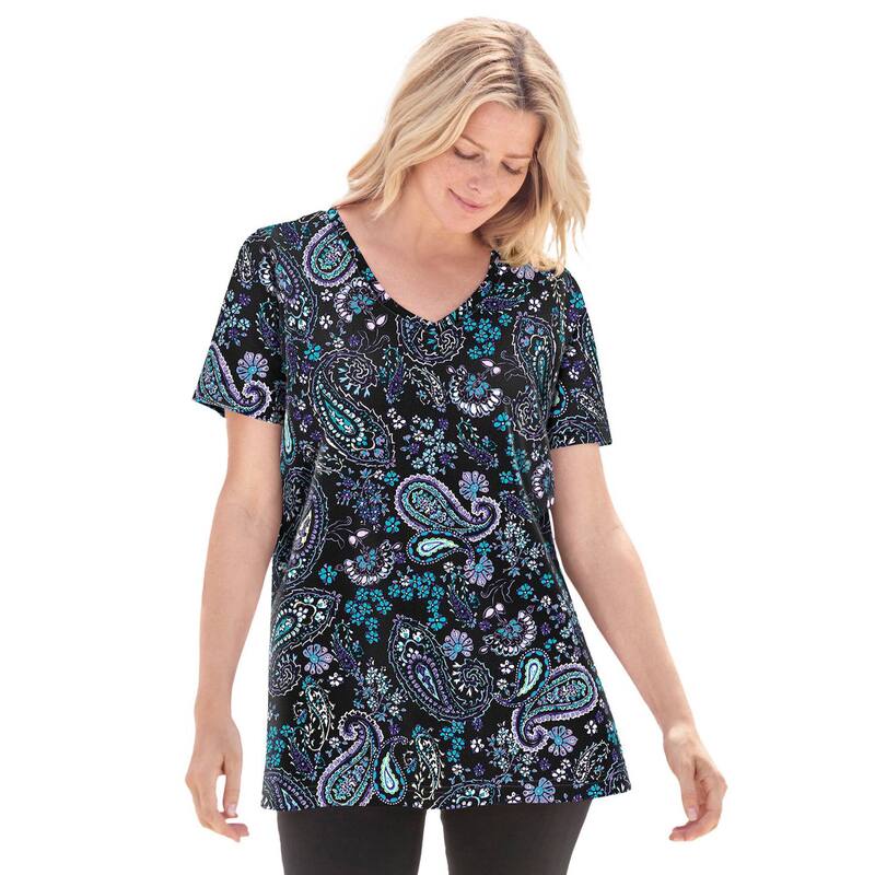ウーマン ウィズイン レディース トップス Tシャツ Vネック プラスサイズ プリント 半袖 Woman Within Plusize Perfect Printed Short-Sleeve V-Neck Tee Black Paisley ブラック